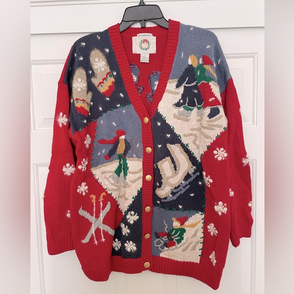 Ugly Christmas Sweater Sweaters - Christopher & Banks long sleeve cardigan Christmas Holiday sweater red- Large
